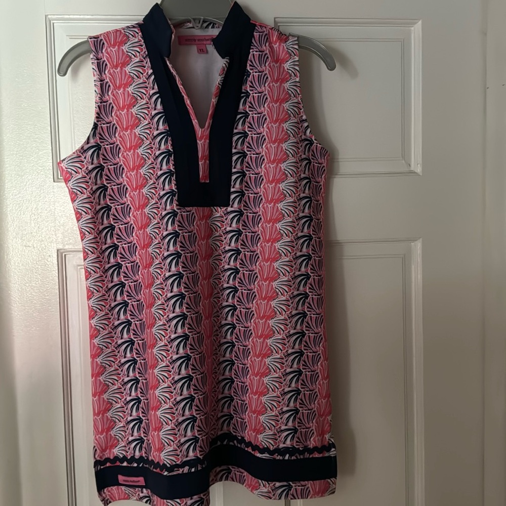 Simply Southern girls fleur de fleur navy border ric rac dress, girls sz YL, fan